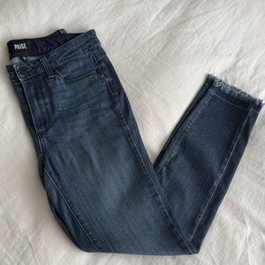 PAIGE Dark Blue High-Rise Cropped Skinny Jeans with Raw Hem